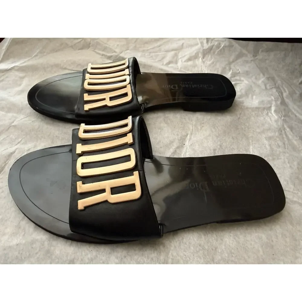 Christian Dior Black & Gold DIOR Logo Leather Slide Sandals Size 39 US 8